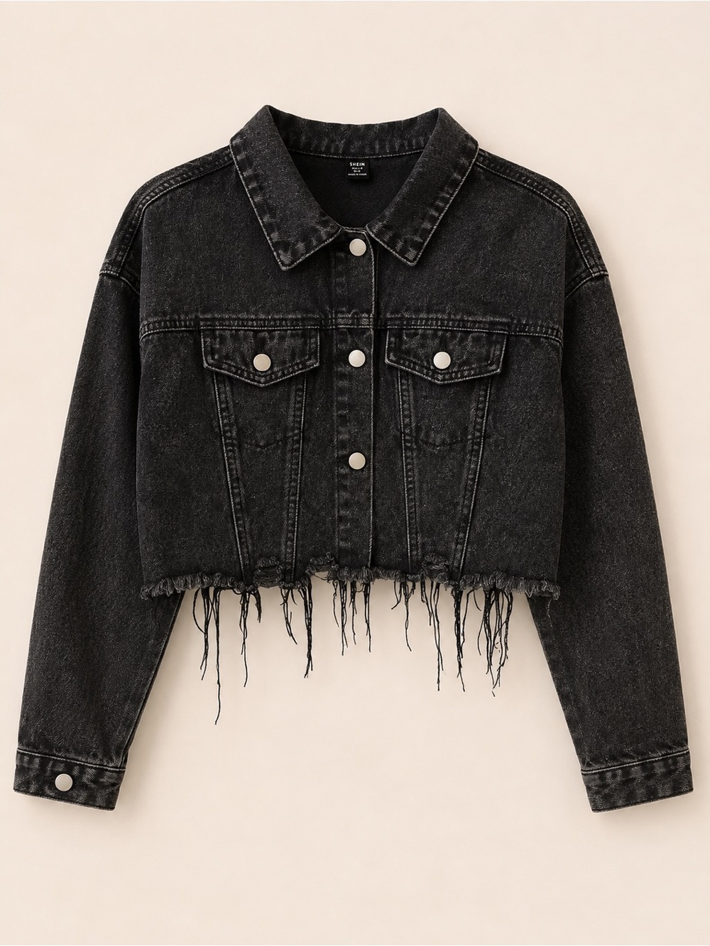 SHEIN Black Cropped Distressed Denim Jacket with Frayed Hem
